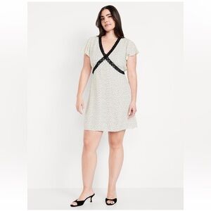 Old NavBlack and White Polka Dot Fit Flare crepe lace trim mini Dress